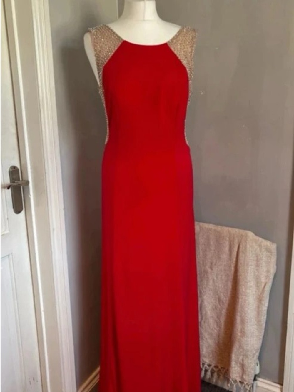 Elegant Red Maxi Dress with Beaded Illusion Shoulders